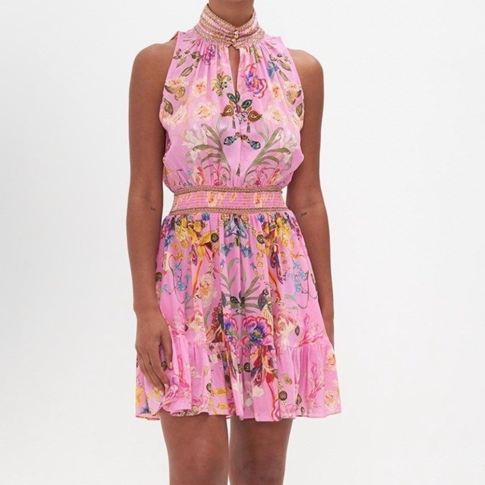 Camilla Pink Floral Silk Crystal Embellished Mini Dress Sleeveless Size L